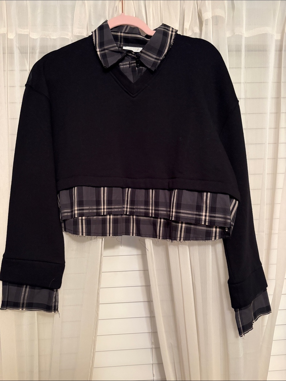 Zara Black Layered Plaid-Trim Crewneck Sweater